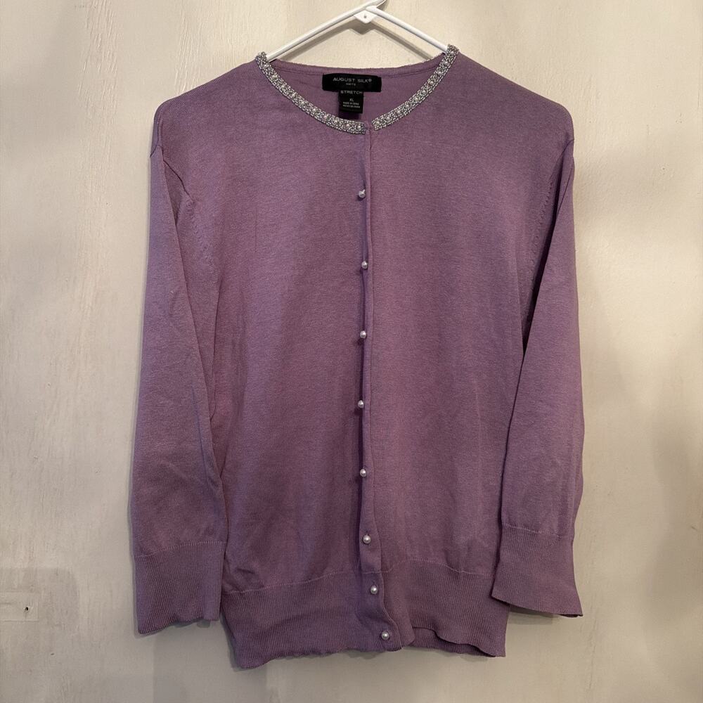 AUGUST Silk Cardigan Womens XL Blend Knits Embellished Beads Button Up Lilac